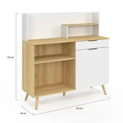 Buffet bas de cuisine 120 CM OLAF plan de travail H.83 cm 1 porte + 1 tiroir façon hêtre et blanc