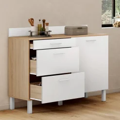 Buffet bas de cuisine 120 cm casserolier CINA plan de travail H.83 cm 1 porte + 3 tiroirs façon hêtre et blanc