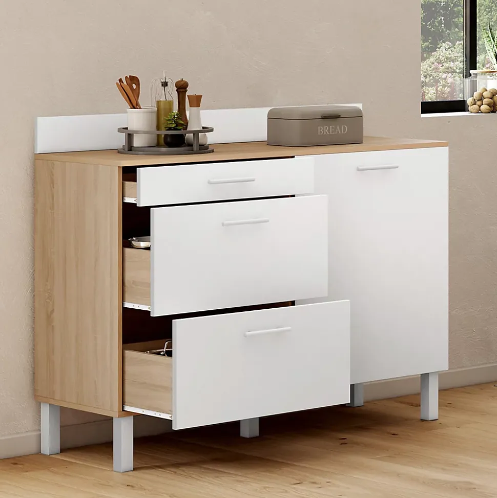 Buffet bas de cuisine 120 cm casserolier CINA plan de travail H.83 cm 1 porte + 3 tiroirs façon hêtre et blanc