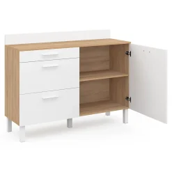 Buffet bas de cuisine 120 cm casserolier CINA plan de travail H.83 cm 1 porte + 3 tiroirs façon hêtre et blanc