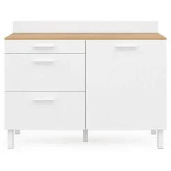Buffet bas de cuisine 120 cm casserolier CINA plan de travail H.83 cm 1 porte + 3 tiroirs façon hêtre et blanc