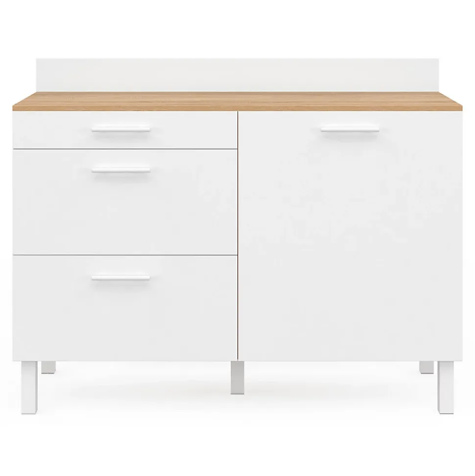 Buffet bas de cuisine 120 cm casserolier CINA plan de travail H.83 cm 1 porte + 3 tiroirs façon hêtre et blanc