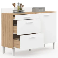 Buffet bas de cuisine 120 cm casserolier CINA plan de travail H.83 cm 1 porte + 3 tiroirs façon hêtre et blanc