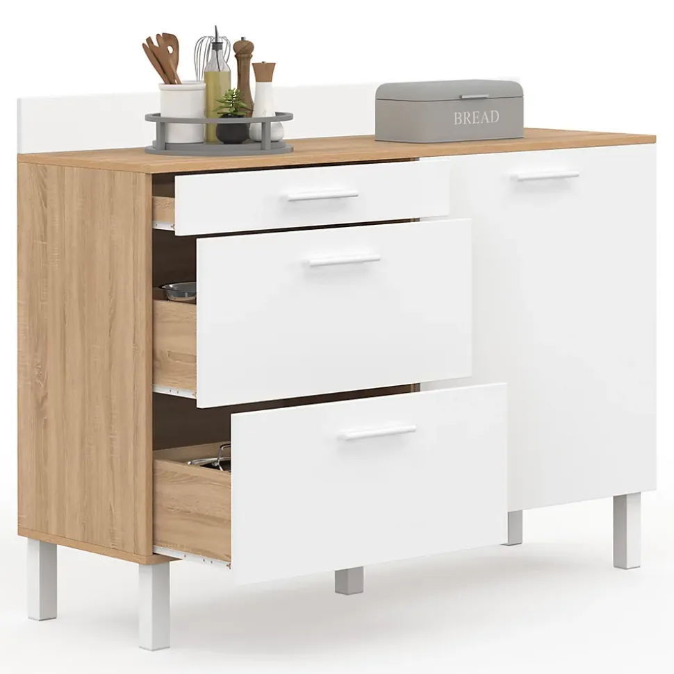 Buffet bas de cuisine 120 cm casserolier CINA plan de travail H.83 cm 1 porte + 3 tiroirs façon hêtre et blanc