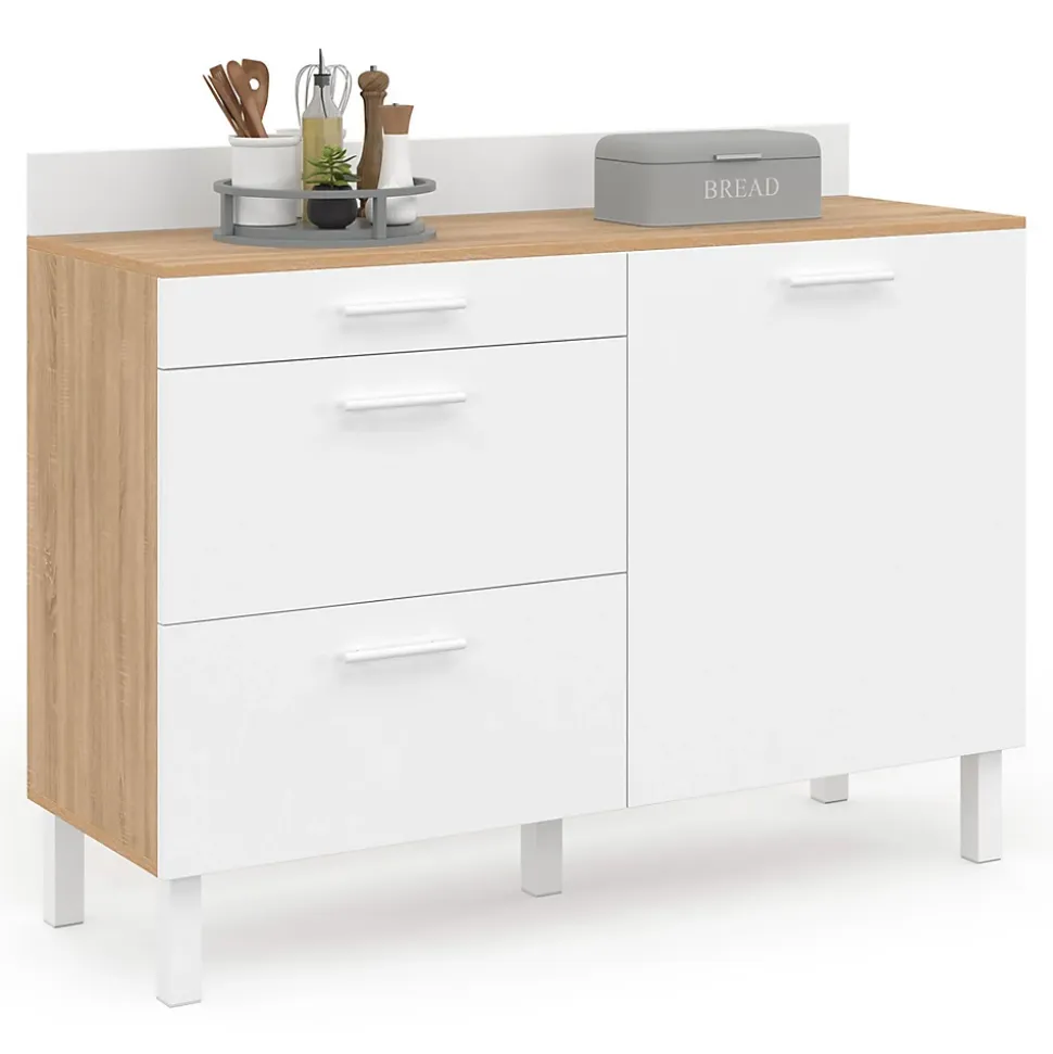 Buffet bas de cuisine 120 cm casserolier CINA plan de travail H.83 cm 1 porte + 3 tiroirs façon hêtre et blanc