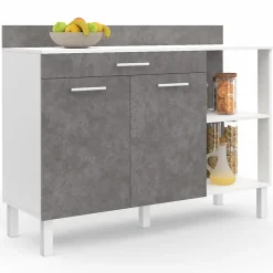 Buffet bas de cuisine 120 cm CINA plan de travail H.83 cm 2 portes + tiroir blanc et effet béton