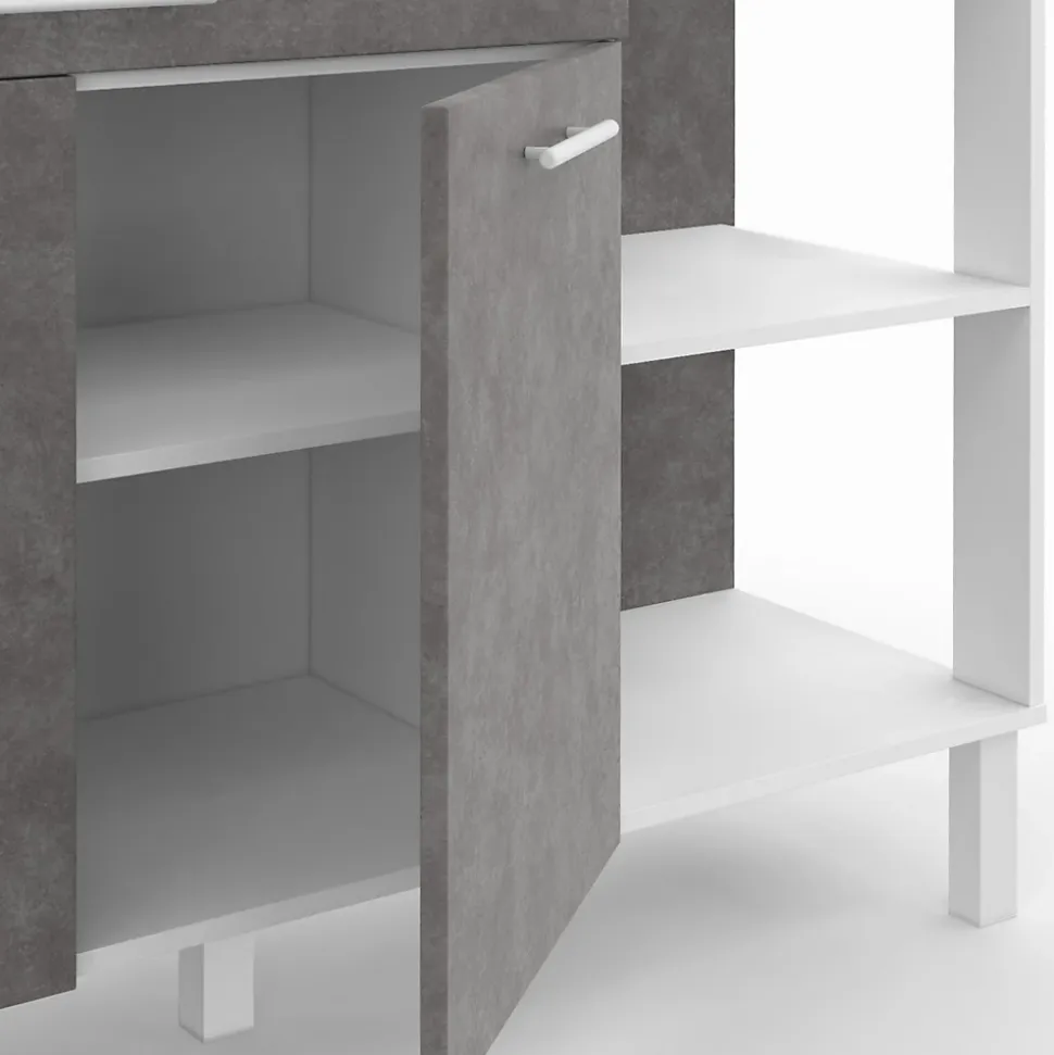 Buffet bas de cuisine 120 cm CINA plan de travail H.83 cm 2 portes + tiroir blanc et effet béton