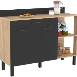 Buffet bas de cuisine 120 CM CINA plan de travail H.83 cm 2 portes + tiroir façon hêtre et noir