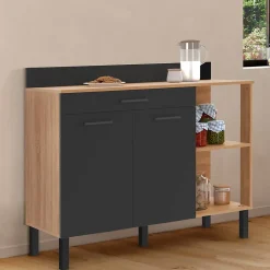 Buffet bas de cuisine 120 CM CINA plan de travail H.83 cm 2 portes + tiroir façon hêtre et noir