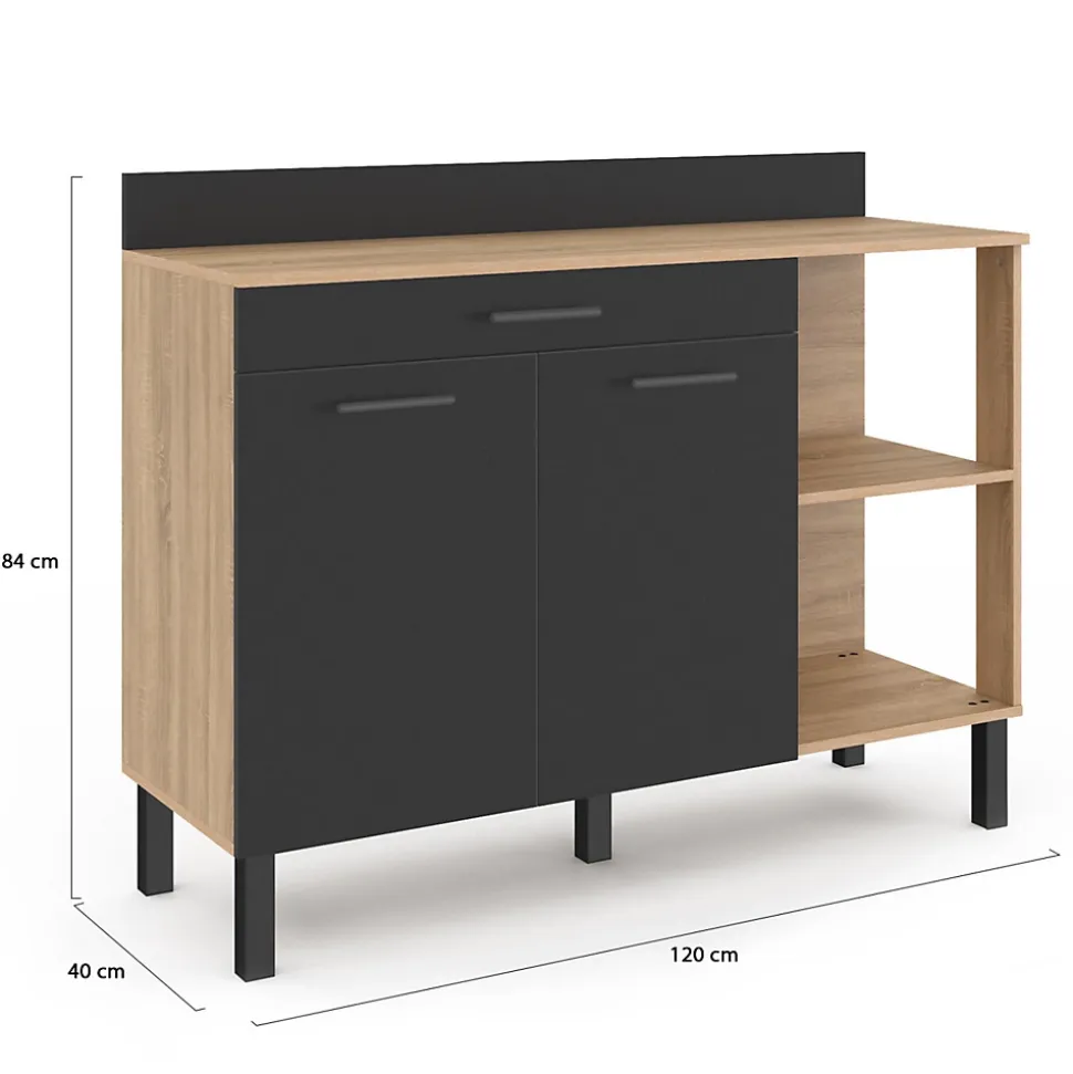 Buffet bas de cuisine 120 CM CINA plan de travail H.83 cm 2 portes + tiroir façon hêtre et noir