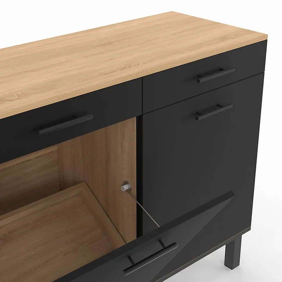 Buffet bas de cuisine avec espace poubelle 100 cm CINA plan de travail H.83 cm 2 portes + tiroirs façon hêtre et noir