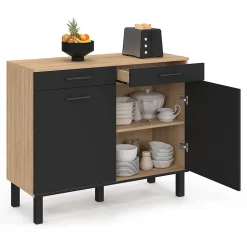 Buffet bas de cuisine avec espace poubelle 100 cm CINA plan de travail H.83 cm 2 portes + tiroirs façon hêtre et noir