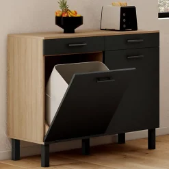 Buffet bas de cuisine avec espace poubelle 100 cm CINA plan de travail H.83 cm 2 portes + tiroirs façon hêtre et noir