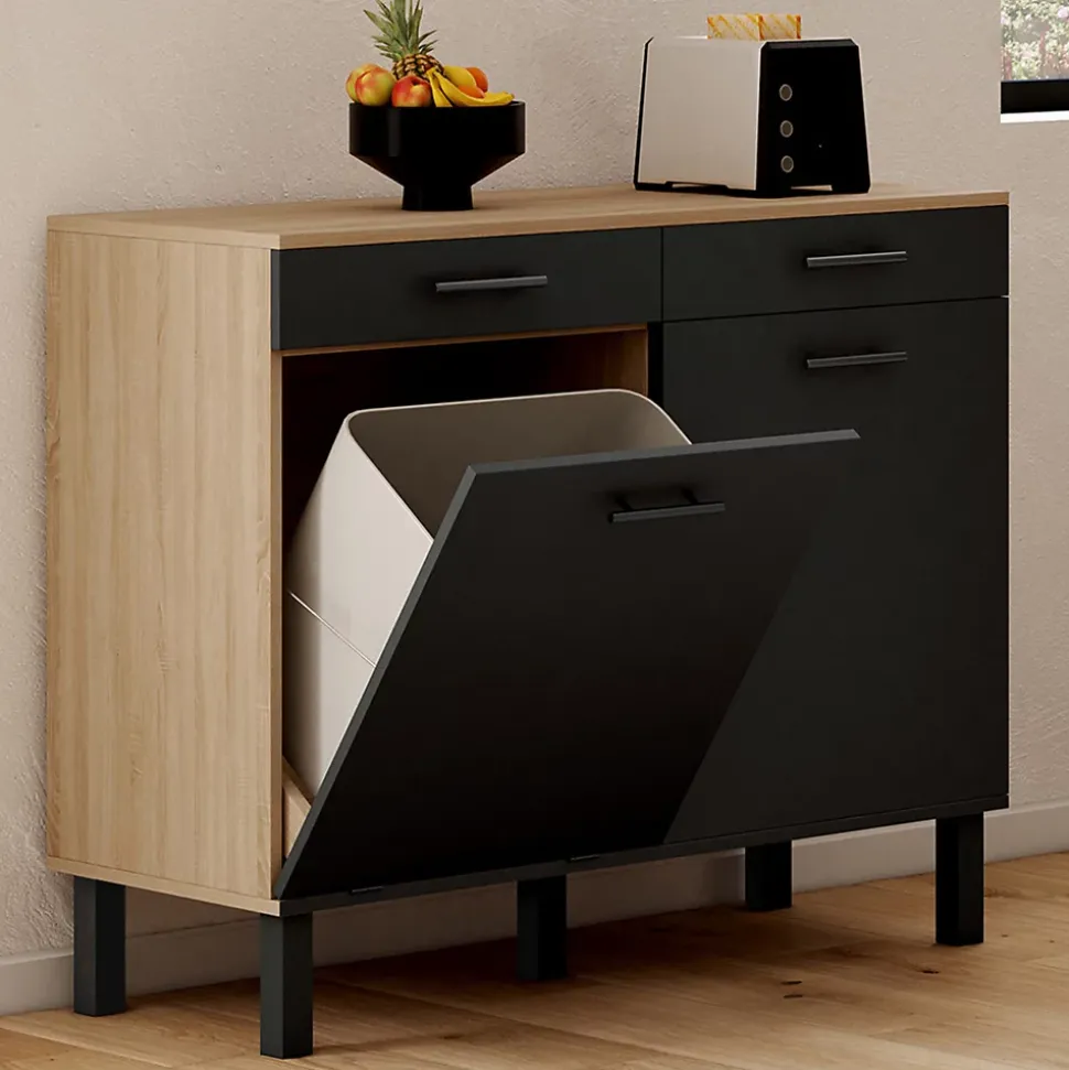 Buffet bas de cuisine avec espace poubelle 100 cm CINA plan de travail H.83 cm 2 portes + tiroirs façon hêtre et noir