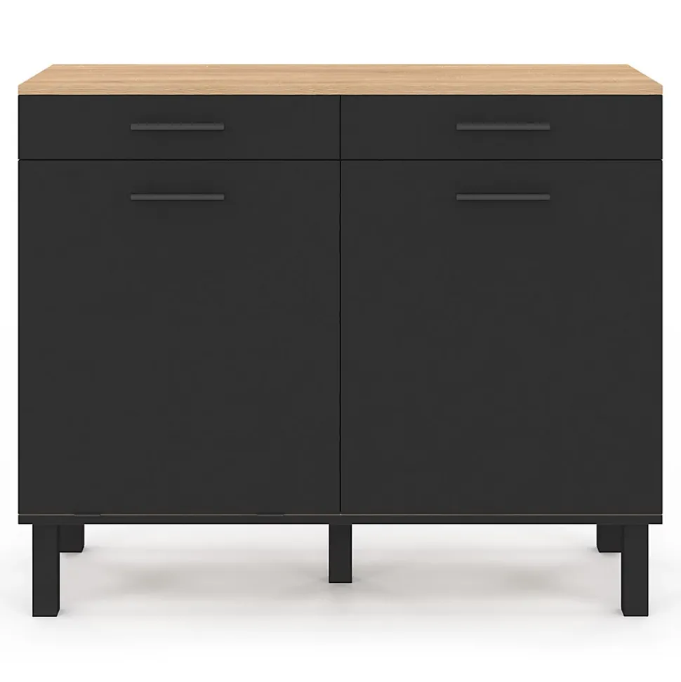 Buffet bas de cuisine avec espace poubelle 100 cm CINA plan de travail H.83 cm 2 portes + tiroirs façon hêtre et noir