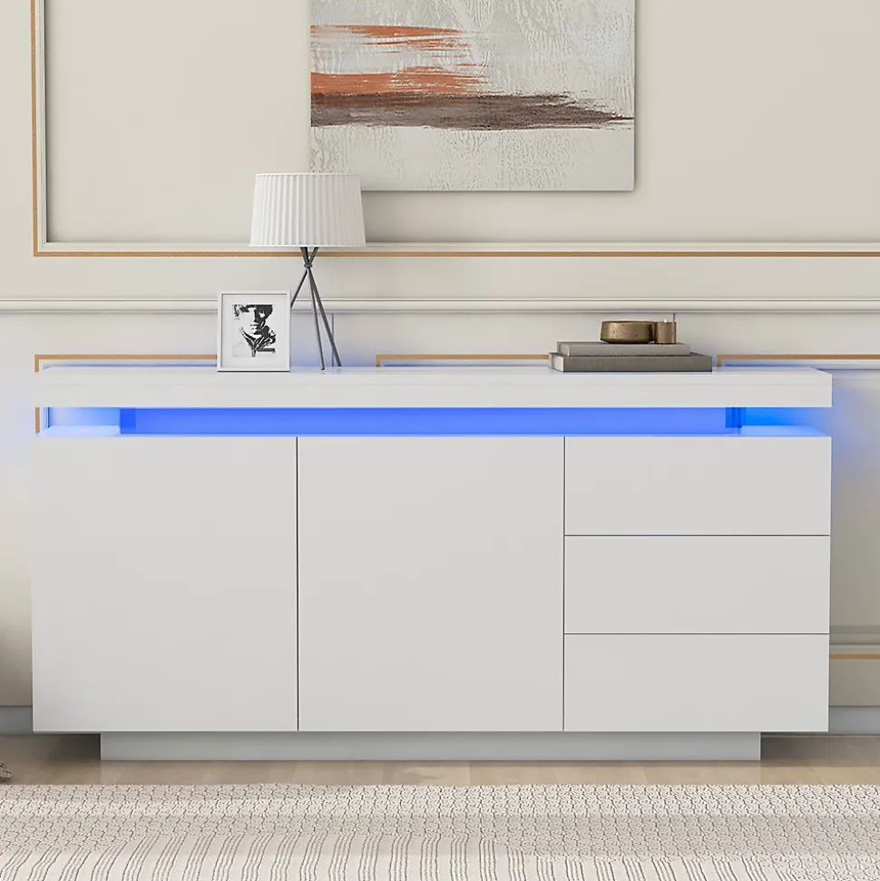 Buffet Bas LED avec 3 Tiroirs et 2 Portes, Meuble de Rangement Moderne Sans Poignées MDF - Blanc - 140x38x72 cm
