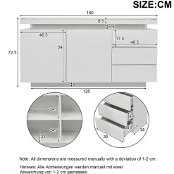 Buffet Bas LED avec 3 Tiroirs et 2 Portes, Meuble de Rangement Moderne Sans Poignées MDF - Blanc - 140x38x72 cm