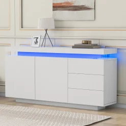 Buffet Bas LED avec 3 Tiroirs et 2 Portes, Meuble de Rangement Moderne Sans Poignées MDF - Blanc - 140x38x72 cm