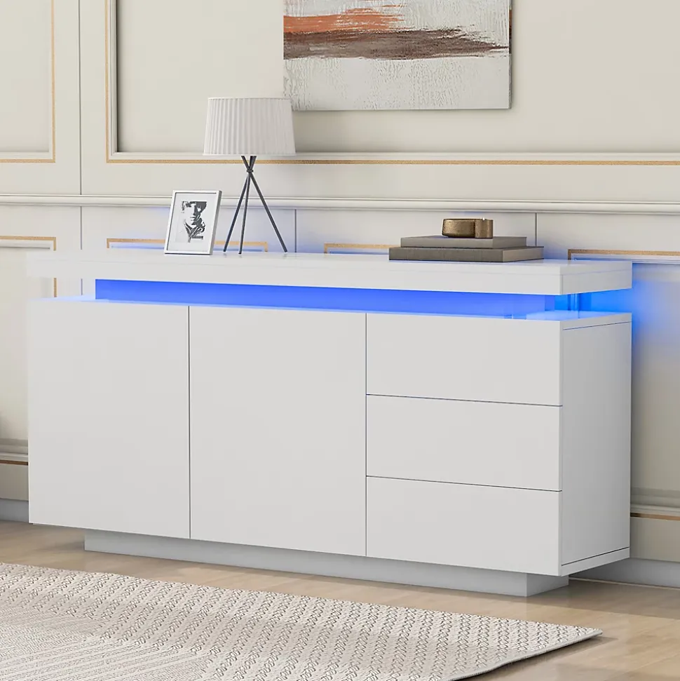 Buffet Bas LED avec 3 Tiroirs et 2 Portes, Meuble de Rangement Moderne Sans Poignées MDF - Blanc - 140x38x72 cm