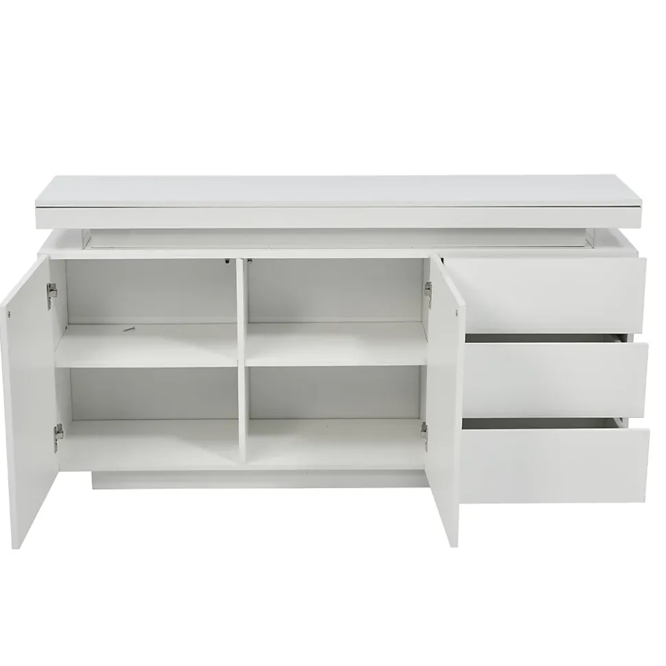 Buffet Bas LED avec 3 Tiroirs et 2 Portes, Meuble de Rangement Moderne Sans Poignées MDF - Blanc - 140x38x72 cm