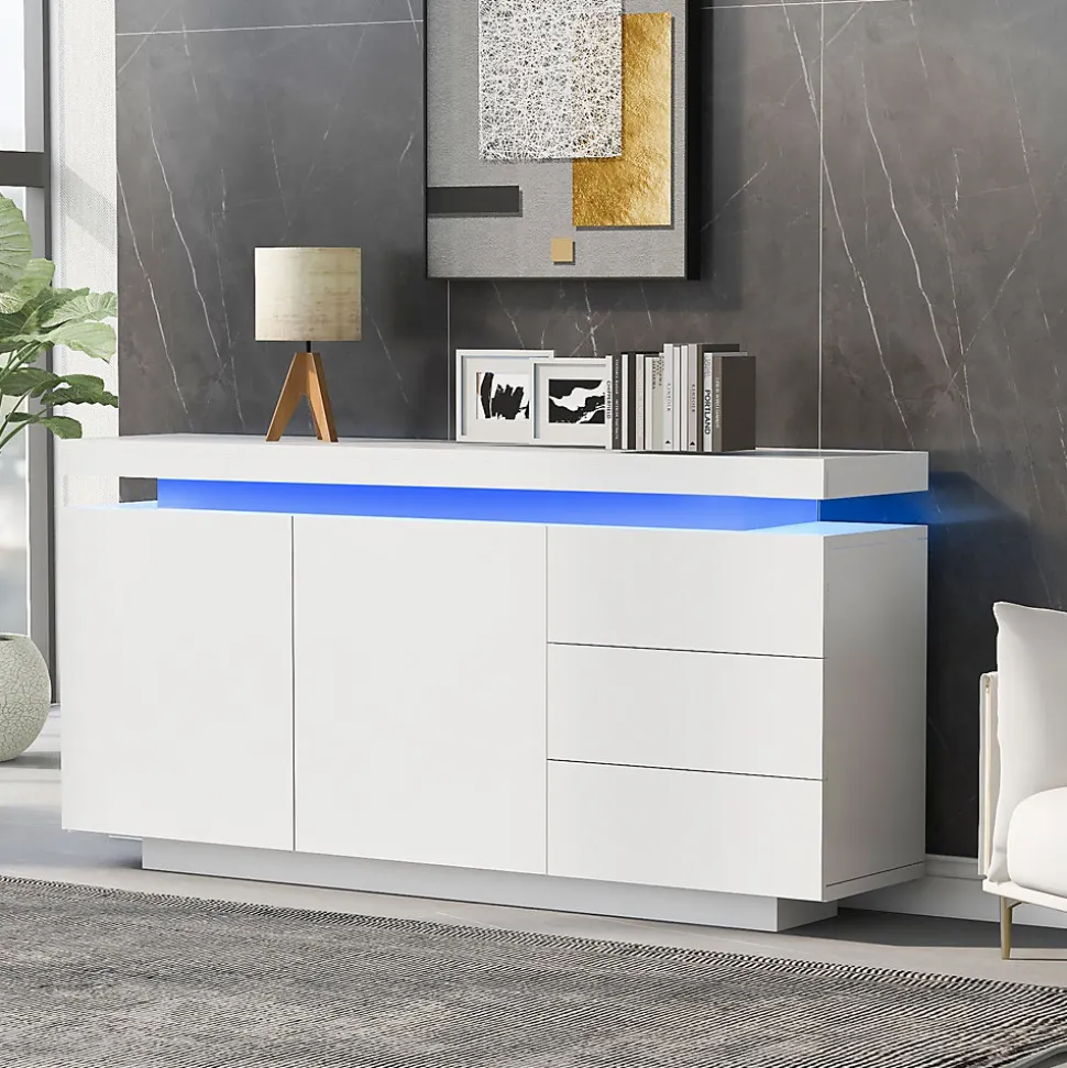 Buffet Bas LED avec 3 Tiroirs et 2 Portes, Meuble de Rangement Moderne Sans Poignées MDF - Blanc - 140x38x72 cm