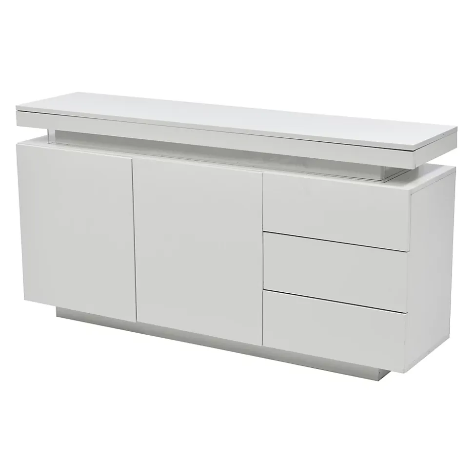 Buffet Bas LED avec 3 Tiroirs et 2 Portes, Meuble de Rangement Moderne Sans Poignées MDF - Blanc - 140x38x72 cm