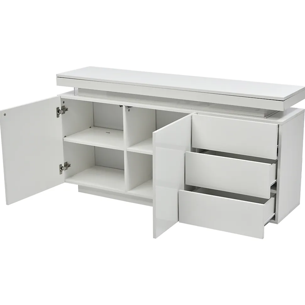 Buffet Bas LED avec 3 Tiroirs et 2 Portes, Meuble de Rangement Moderne Sans Poignées MDF - Blanc - 140x38x72 cm
