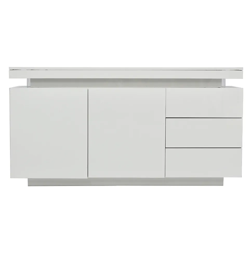 Buffet Bas LED avec 3 Tiroirs et 2 Portes, Meuble de Rangement Moderne Sans Poignées MDF - Blanc - 140x38x72 cm