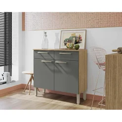 Buffet Bas Meuble Cuisine 2 Portes 2 Tiroirs Chêne et Gris 2 Niches 91 cm - L 90.9 x l 36.3 x H 86 cm