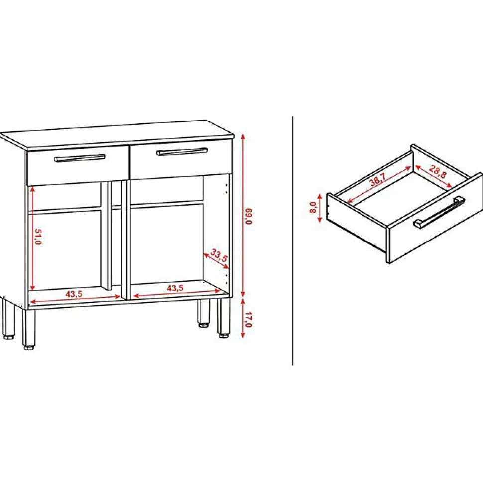 Buffet Bas Meuble Cuisine 2 Portes 2 Tiroirs Chêne et Gris 2 Niches 91 cm - L 90.9 x l 36.3 x H 86 cm
