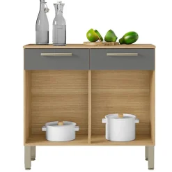 Buffet Bas Meuble Cuisine 2 Portes 2 Tiroirs Chêne et Gris 2 Niches 91 cm - L 90.9 x l 36.3 x H 86 cm