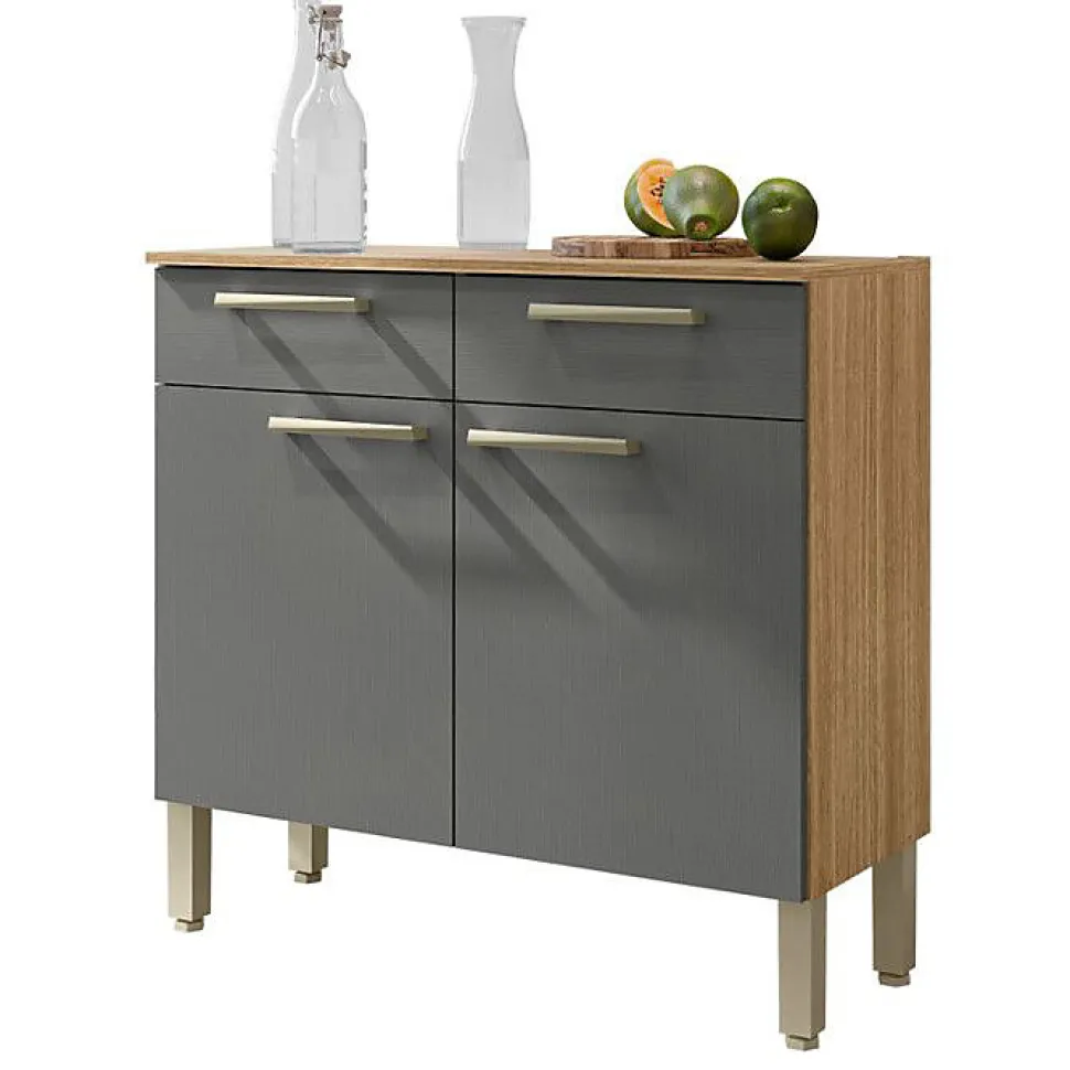 Buffet Bas Meuble Cuisine 2 Portes 2 Tiroirs Chêne et Gris 2 Niches 91 cm - L 90.9 x l 36.3 x H 86 cm