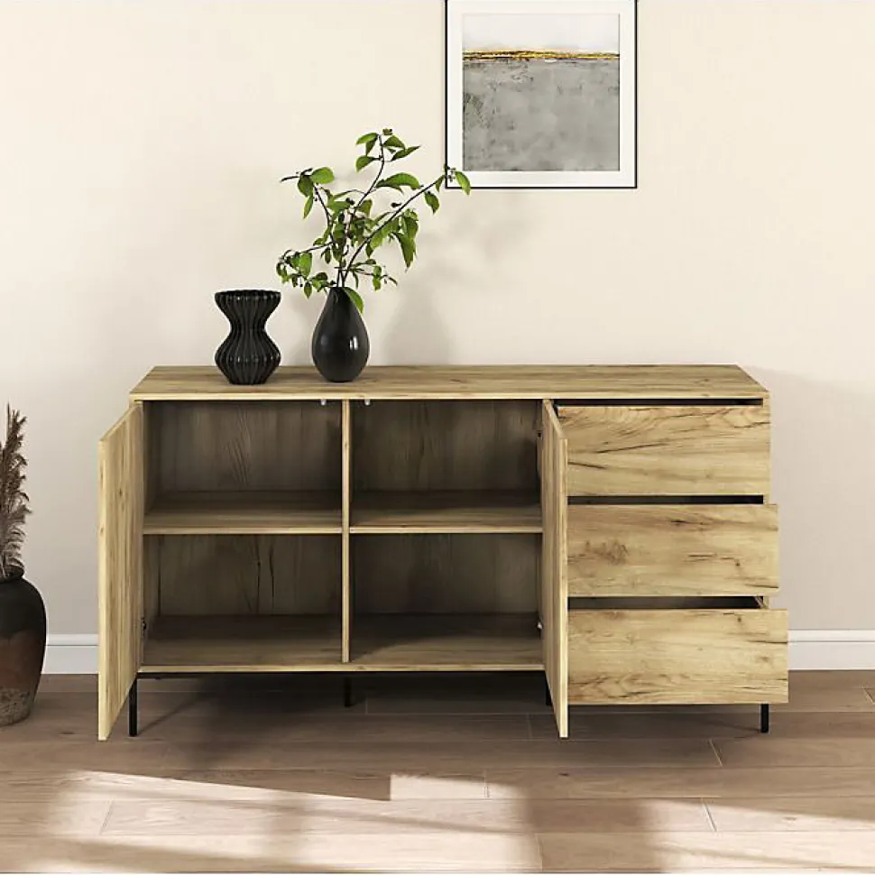 Buffet bas moderne - 2 portes 3 tiroirs - Chêne Alba - Mélaminé mat - L150 x H80 x P41 cm