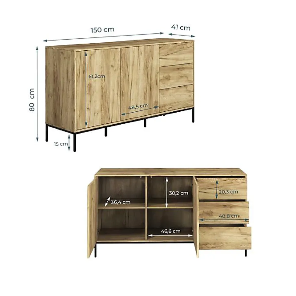 Buffet bas moderne - 2 portes 3 tiroirs - Chêne Alba - Mélaminé mat - L150 x H80 x P41 cm