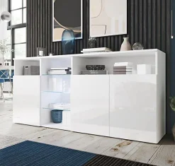 Buffet bas moderne - 3 portes - LED bleu - Blanc brillant - 150x35x72 cm