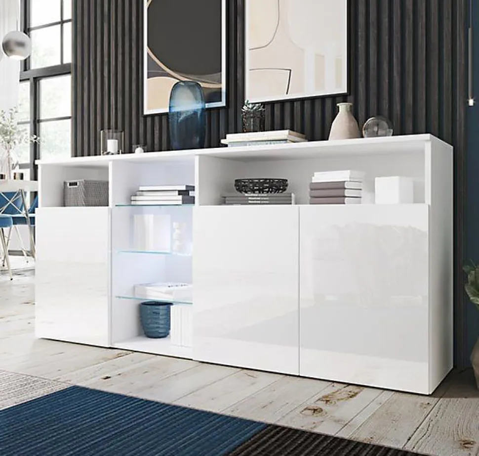 Buffet bas moderne - 3 portes - LED bleu - Blanc brillant - 150x35x72 cm