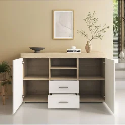 Buffet bas moderne - Mélamine blanche/sonoma - 2 portes 2 tiroirs - 140x80x40 cm