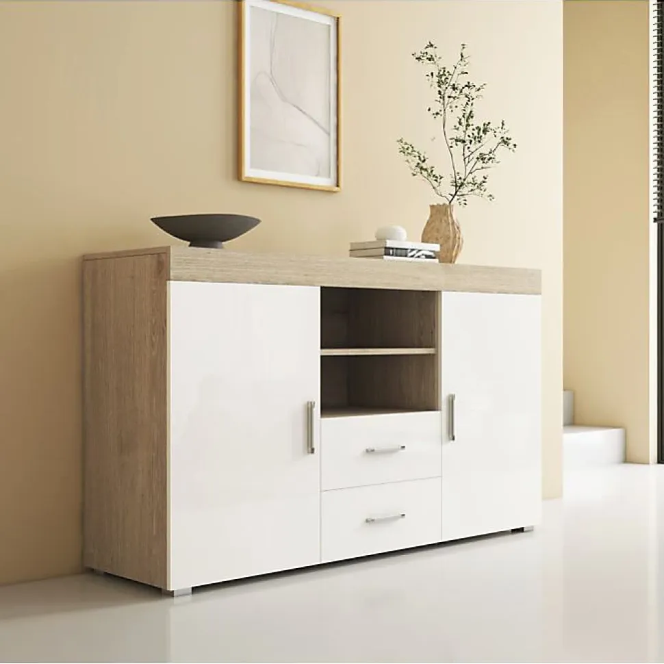 Buffet bas moderne - Mélamine blanche/sonoma - 2 portes 2 tiroirs - 140x80x40 cm
