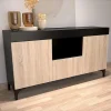 Buffet bas moderne - Noir & Sonoma - Mélamine - 3 portes - 130x70x32,5 cm