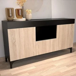 Buffet bas moderne - Noir & Sonoma - Mélamine - 3 portes - 130x70x32,5 cm