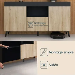 Buffet bas moderne - Noir & Sonoma - Mélamine - 3 portes - 130x70x32,5 cm