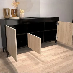 Buffet bas moderne - Noir & Sonoma - Mélamine - 3 portes - 130x70x32,5 cm