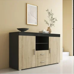 Buffet bas moderne - Noir brillant & Sonoma - Mélamine - 2 portes 2 tiroirs - 140x80x40 cm