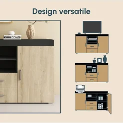 Buffet bas moderne - Noir brillant & Sonoma - Mélamine - 2 portes 2 tiroirs - 140x80x40 cm