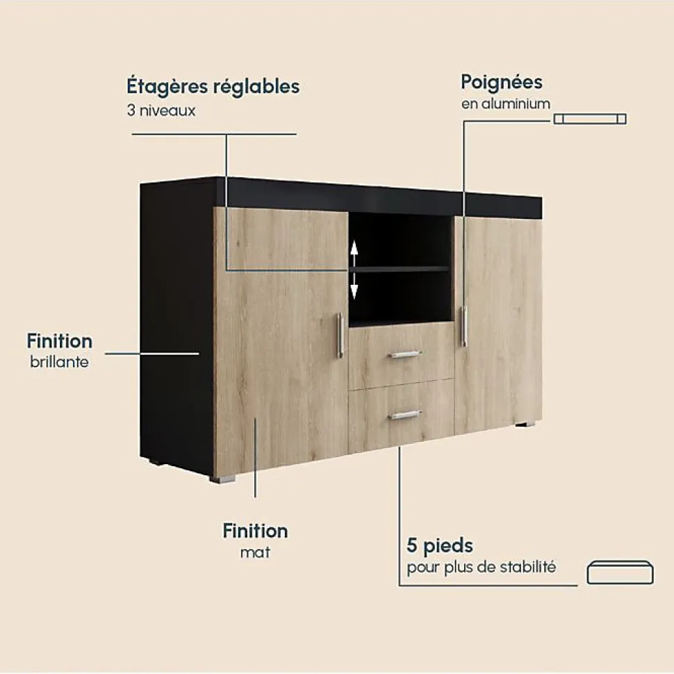Buffet bas moderne - Noir brillant & Sonoma - Mélamine - 2 portes 2 tiroirs - 140x80x40 cm