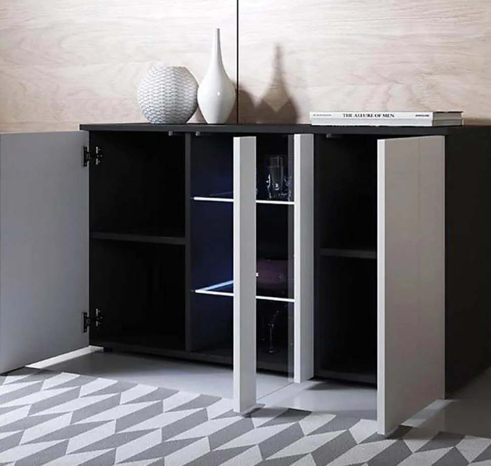 Buffet bas moderne 3 portes LED Noir et Blanc - 120x72x40 cm