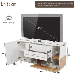 Buffet Bas Moderne avec 2 Portes et 2 Tiroirs - Rangement Réglable Blanc et Chêne Clair, 130x40x70 cm