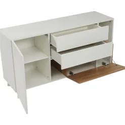 Buffet Bas Moderne avec 2 Portes et 2 Tiroirs - Rangement Réglable Blanc et Chêne Clair, 130x40x70 cm