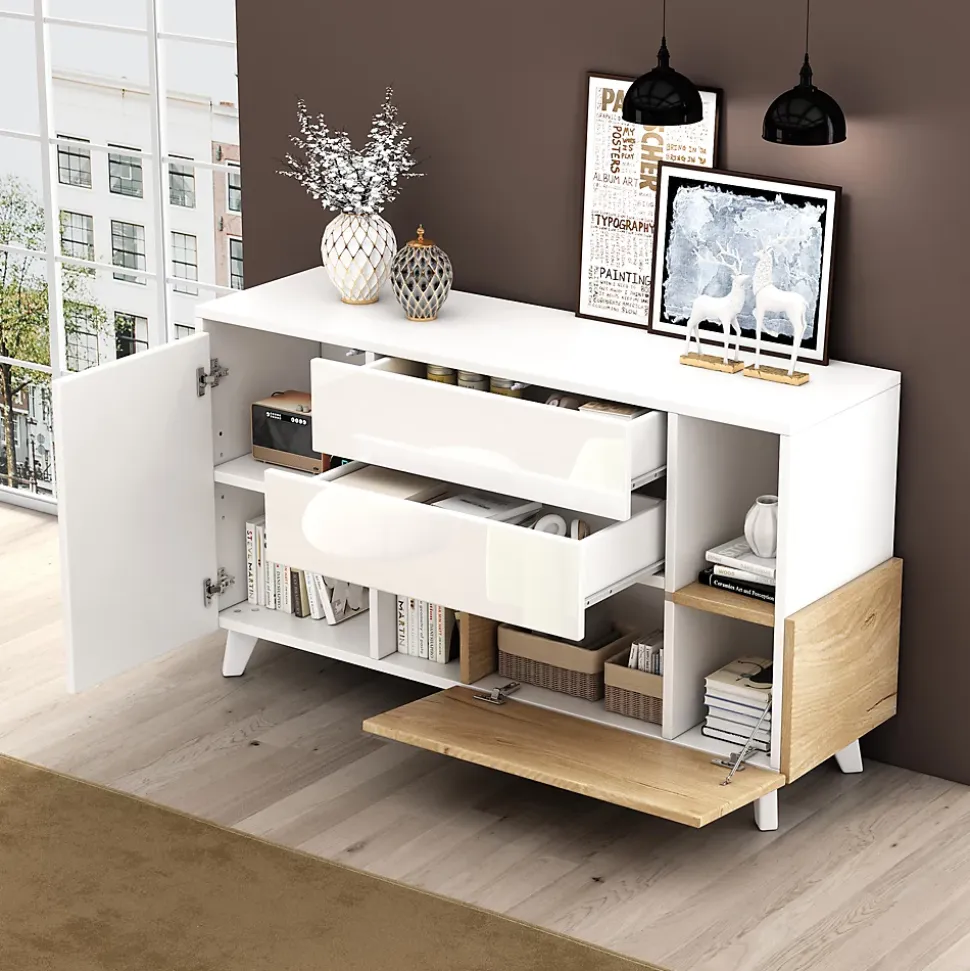 Buffet Bas Moderne avec 2 Portes et 2 Tiroirs - Rangement Réglable Blanc et Chêne Clair, 130x40x70 cm