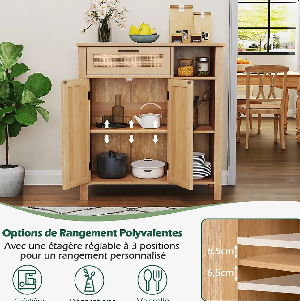Buffet Bas Salle A Manger en Rotin pour Cuisine avec Tiroir, Cubes, Étagère Réglable, Porte en Rotin Naturel, 75 x 30 x 80 cm